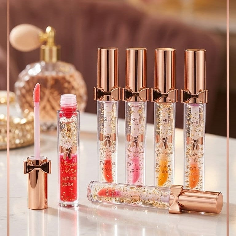 Luxury Pink Glossy Lip Oil With Gold Flakes High Shine Moisturizing Formula Pic 7