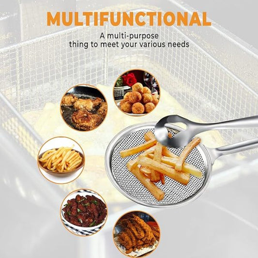 2 In 1 Frying Tong Multi-functional Fry Tool Filter With Clip Stainless Steel Mesh Pic 1