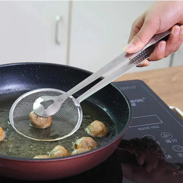 2 In 1 Frying Tong Multi-functional Fry Tool Filter With Clip Stainless Steel Mesh Pic 3