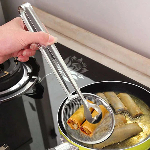 2 In 1 Frying Tong Multi-functional Fry Tool Filter With Clip Stainless Steel Mesh Pic 4