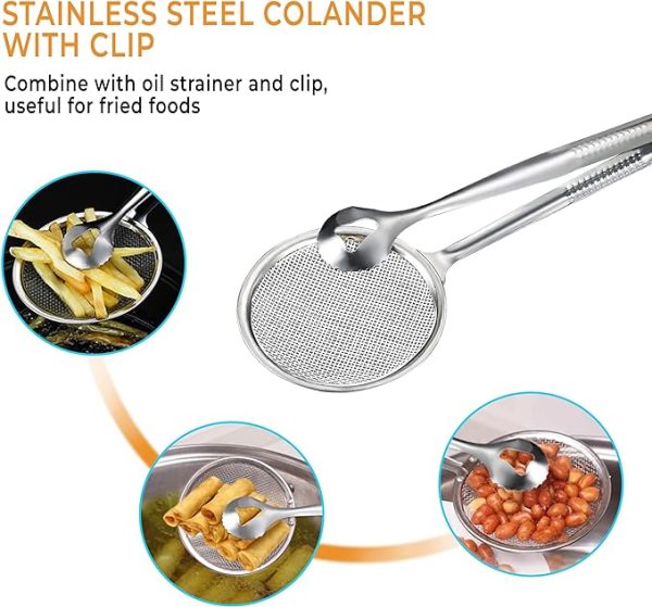 2 In 1 Frying Tong Multi-functional Fry Tool Filter With Clip Stainless Steel Mesh Pic 6