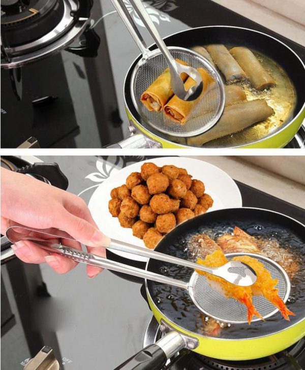 2 In 1 Frying Tong Multi-functional Fry Tool Filter With Clip Stainless Steel Mesh Pic 7