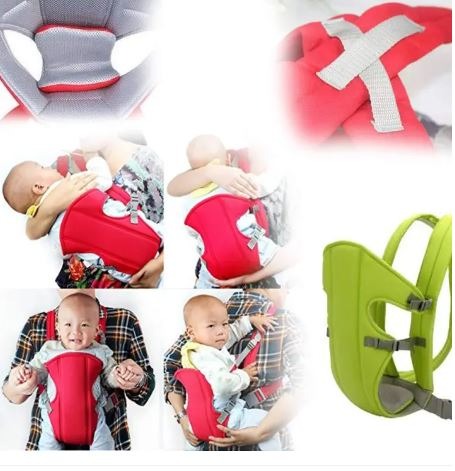 Baby carrier with options, showing different views and uses.