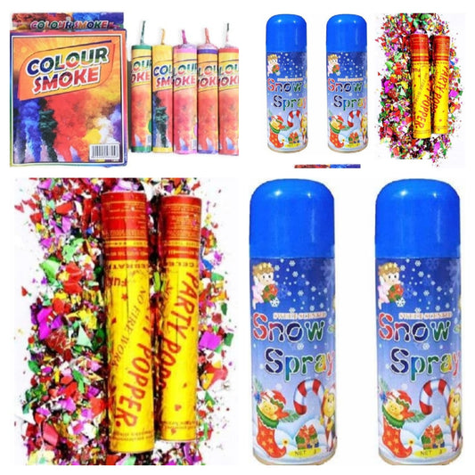 Celebration Combo Pack 2 Snow Sprays & 2 Party Poppers 5 Color Smoke Bombs for Birthdays & Parties Pic 1
