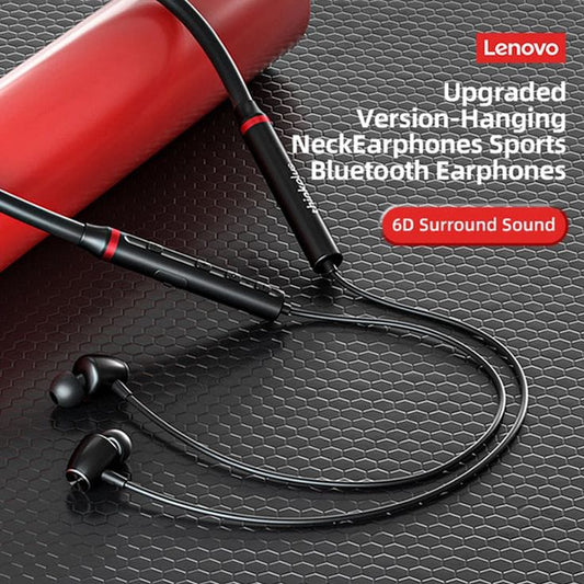 Lenovo Bluetooth earphones with 6D surround sound on a textured surface