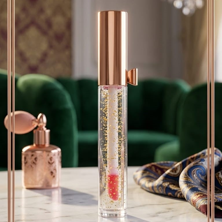 Luxury Pink Glossy Lip Oil With Gold Flakes High Shine Moisturizing Formula Pic 2
