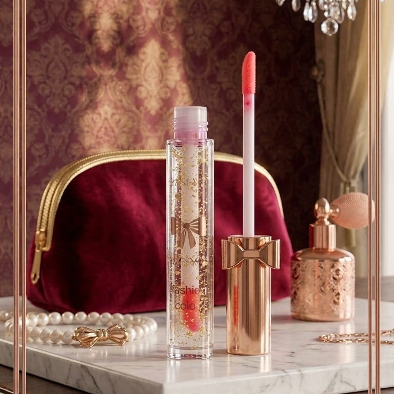 Luxury Pink Glossy Lip Oil With Gold Flakes High Shine Moisturizing Formula Pic 4