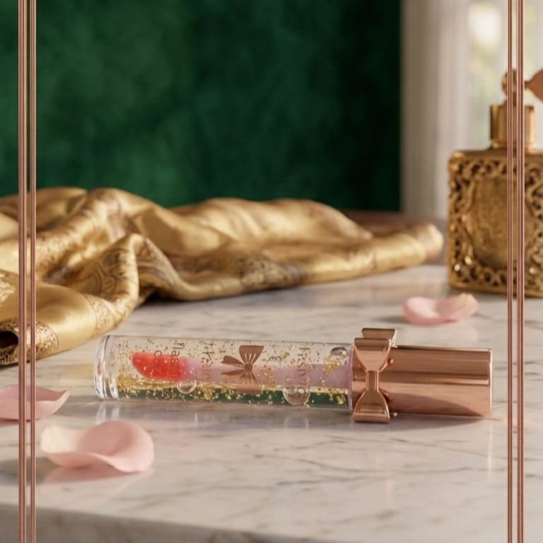 Luxury Pink Glossy Lip Oil With Gold Flakes High Shine Moisturizing Formula Pic 5