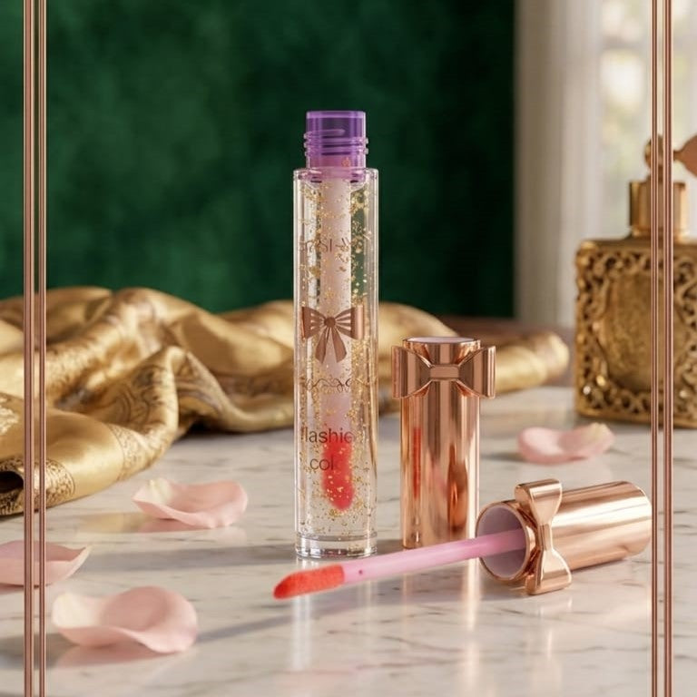 Luxury Pink Glossy Lip Oil With Gold Flakes High Shine Moisturizing Formula Pic 6
