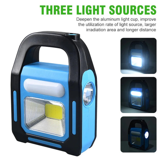 Portable LED work lamp with three light sources for outdoor and garage use