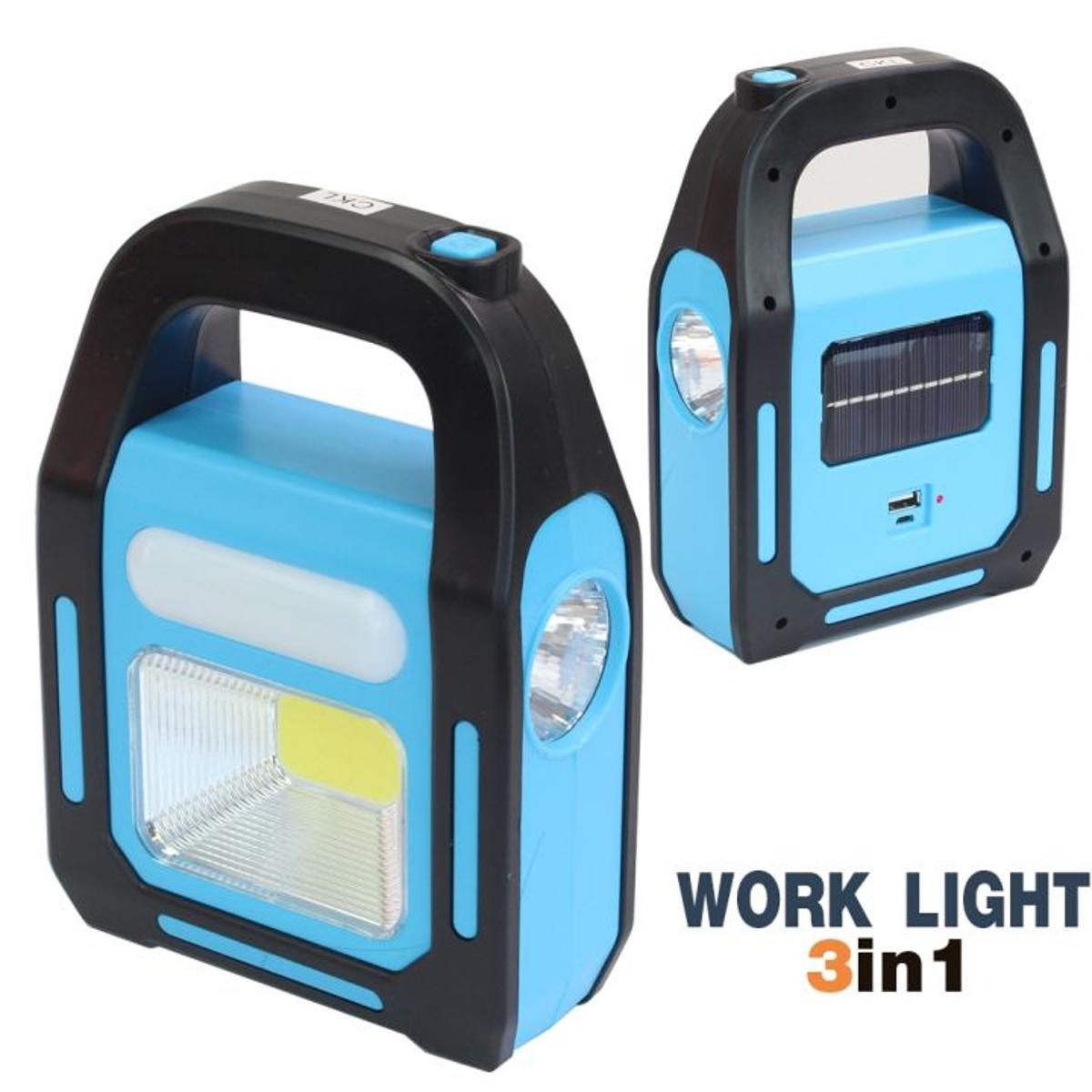 Solar-powered rechargeable LED work lamp for outdoor and emergency use