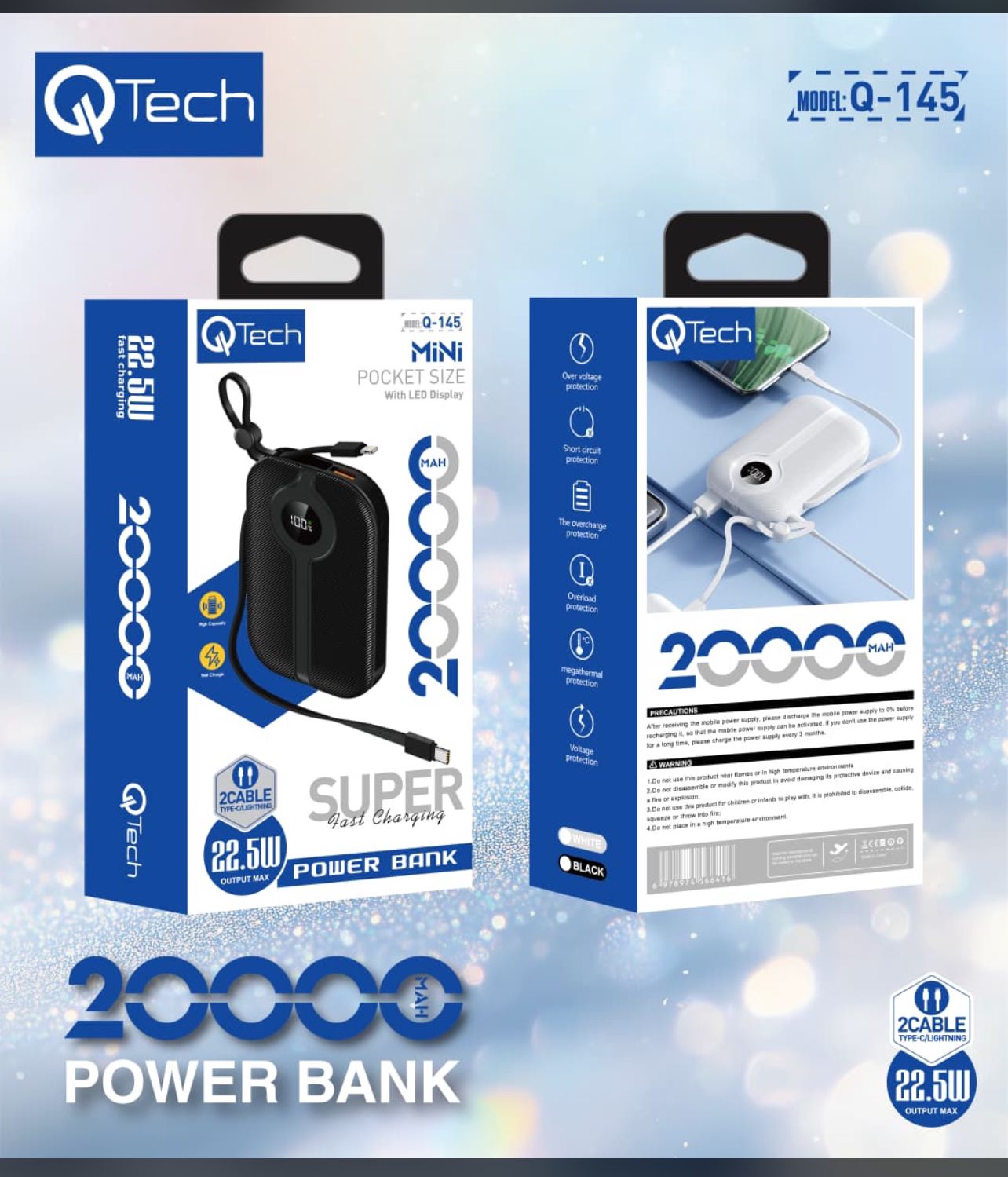 Qtech 20000mAh Power Bank 22.5W PD Fast Charging | Pocket Size with LED Display Pic 1