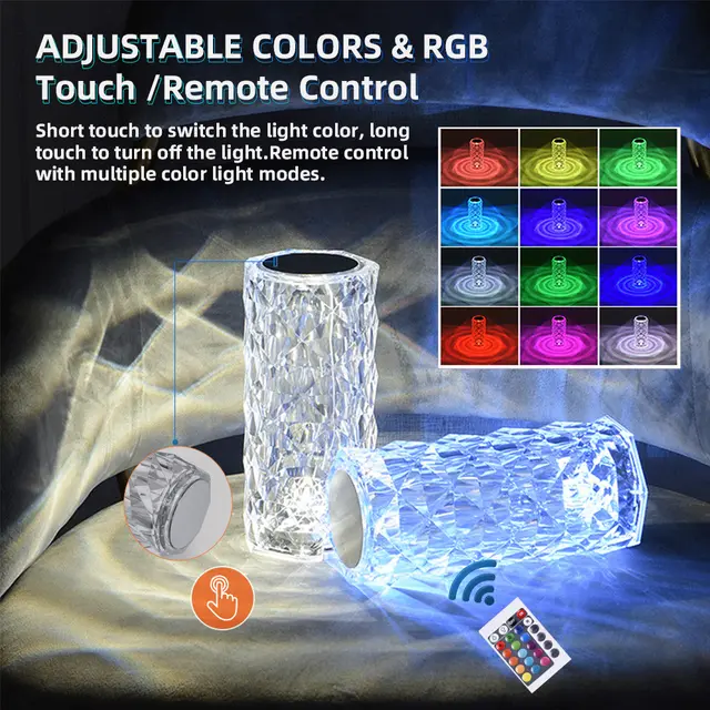 Rose Diamond Crystal Table Lamp 16 Color RGB Touch Sensor Light with Remote Control – USB Charging Portable Pic 3