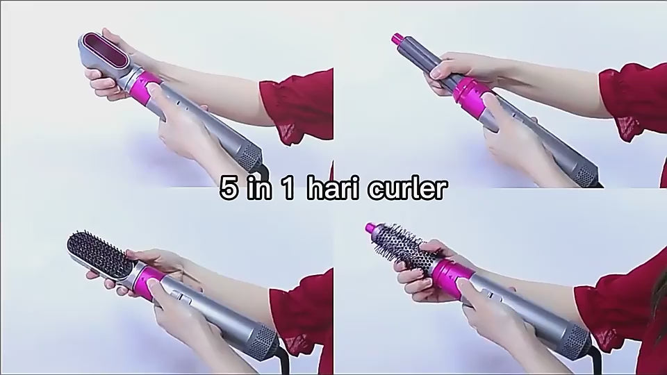 High Quality 5 In 1 Hair Styler Brush Hair Straightener Curler Blow Dryer & Volumizer Negative Ionic Electric Air Wrap With Detachable Brush Heads Video2